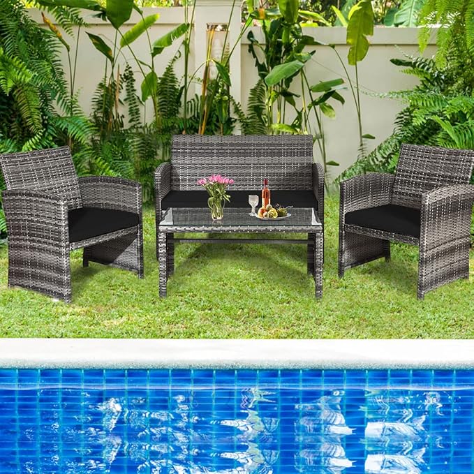 Tangkula 4 PCS Wicker Patio Conversation Set, Outdoor Rattan Sofas