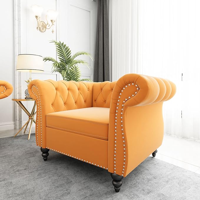 ORRD 2 Piece Living Room Set, Velvet Chesterfield Sofa Couch Chair