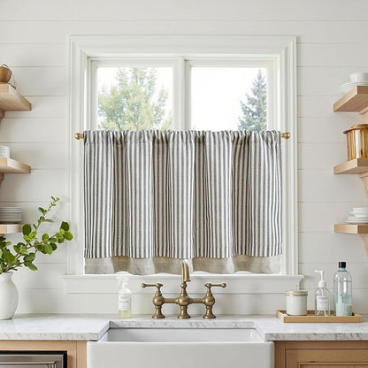 jinchan Double Layer Striped Linen Kitchen Tier Curtain Rustic Cafe for Living Room Bathroom Half Window Curtain Light Filtering Rod Pocket 1 Panel 24 Inch Charcoal Grey