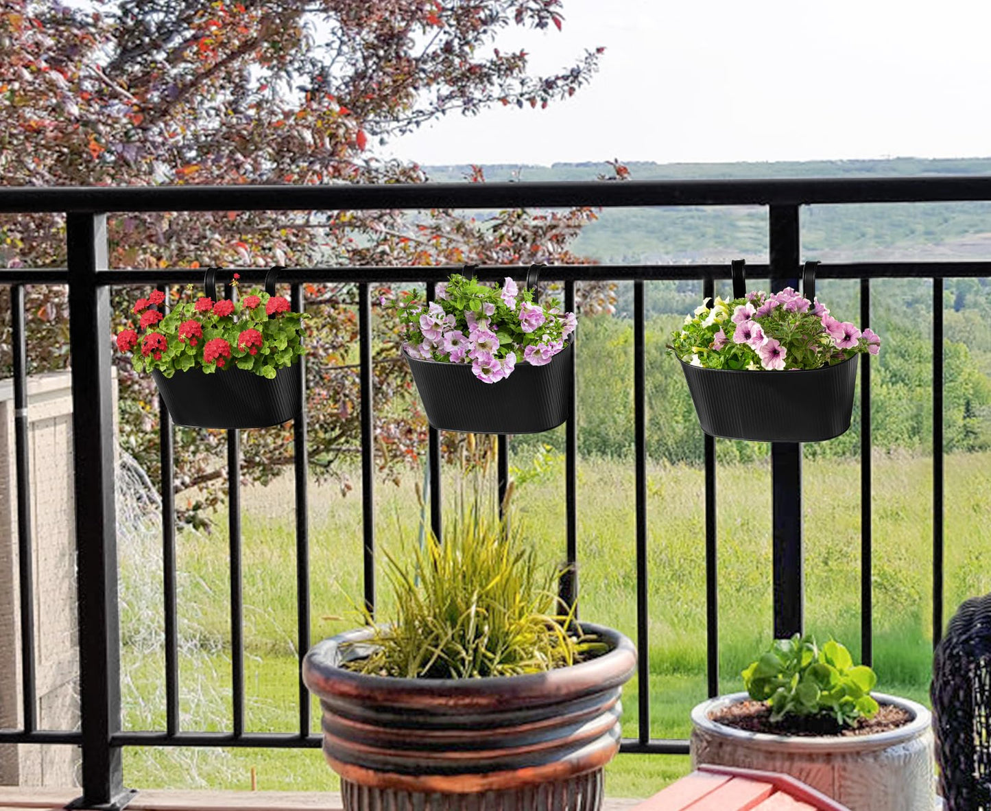 Metal Railing Planter Box 3 Pack and Small Artificial Flowers in Ceramic Vase for Decor