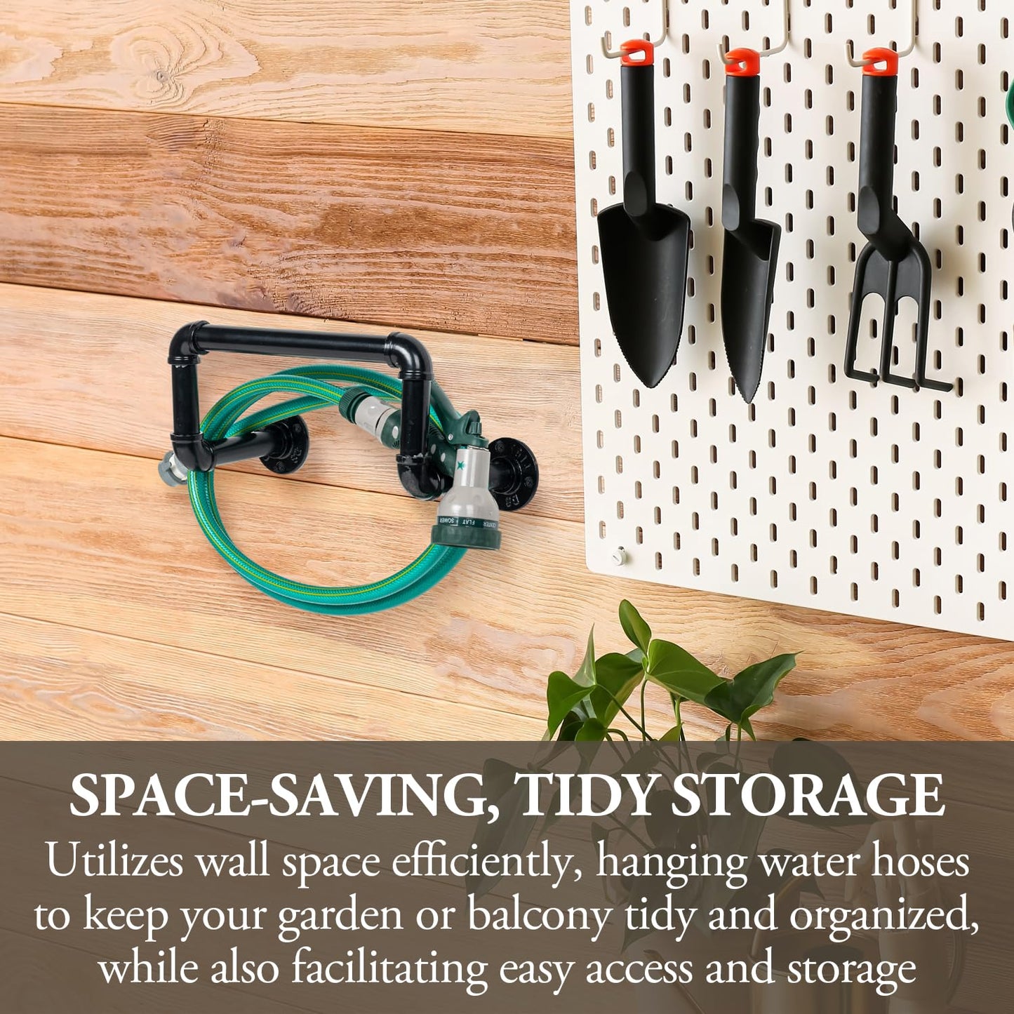 MyGift Wall Mounted Garden Water Hose Hanger, Industrial Matte Black Metal Hanging Waterhose Reel Holder Storage Rack with Decorative Pipe Fixture Design