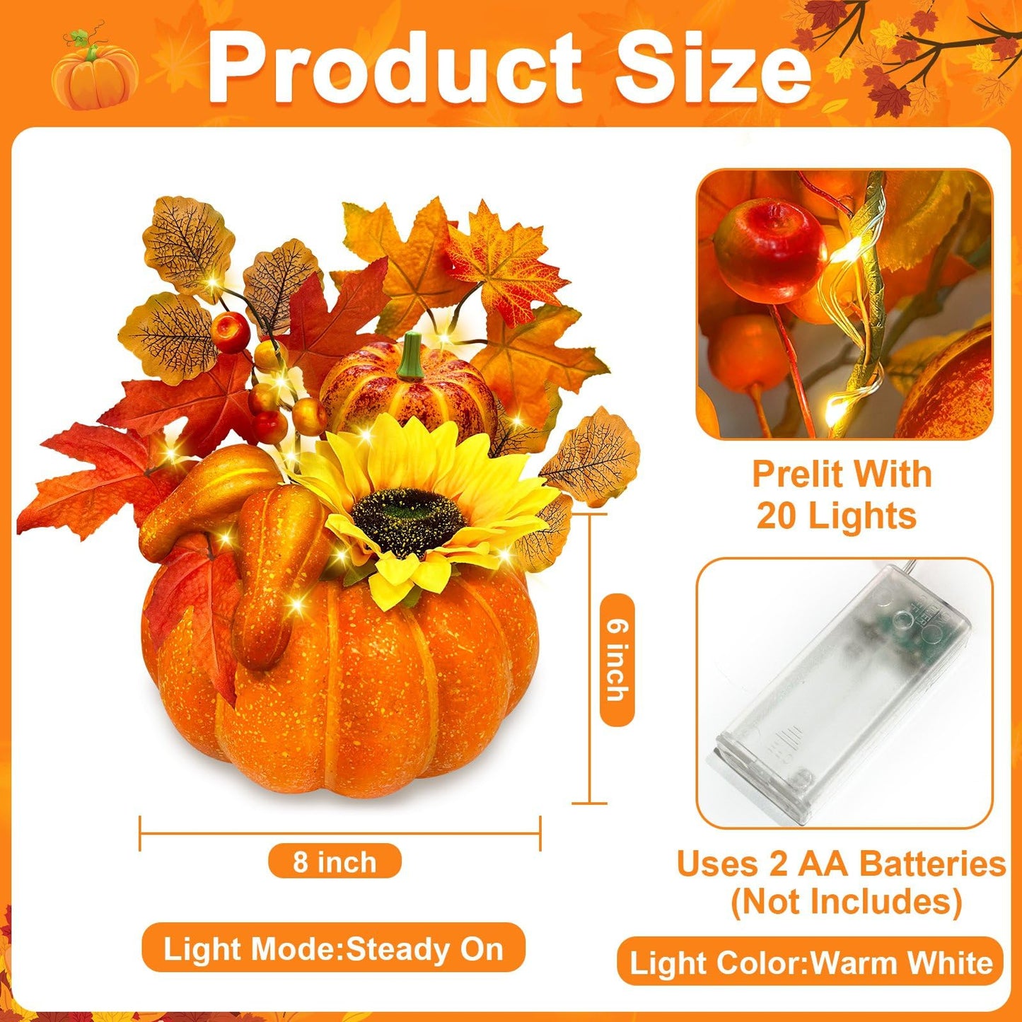 [Timer & Prelit] Thanksgiving Decorations Pumpkin Decor, Artificial Fake Pumpkin with Maples Leaves Sunflower Berried 20 LED Warm White Lights Fall Centerpieces for Tables Home Kitchen Porch Indoor