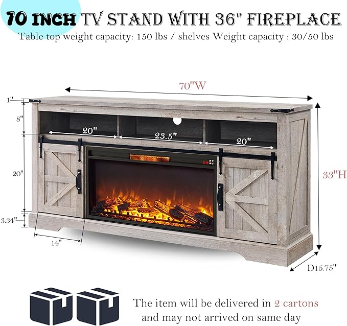 OKD Fireplace TV Stand for 80 Inch TV, Rustic Media Console w/Sliding Barn Door