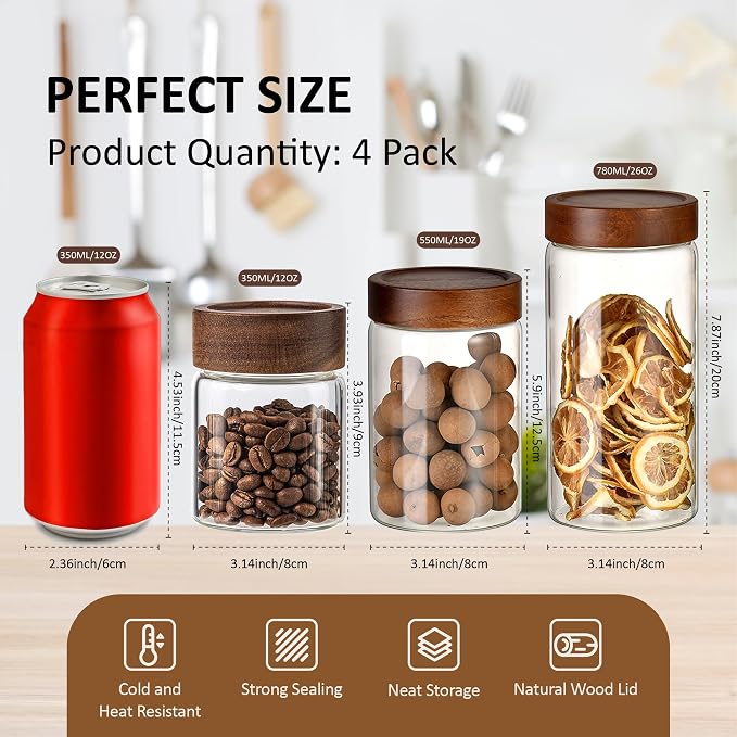 18 oz/550 ml Clear Glass Storage Canister with Airtight Wooden Lid, Small Overnight Oats Containers, Cute Decorative Salad Jar for Snacks Yogurt Spice Sugar Cereal Fruit Coffee Tea