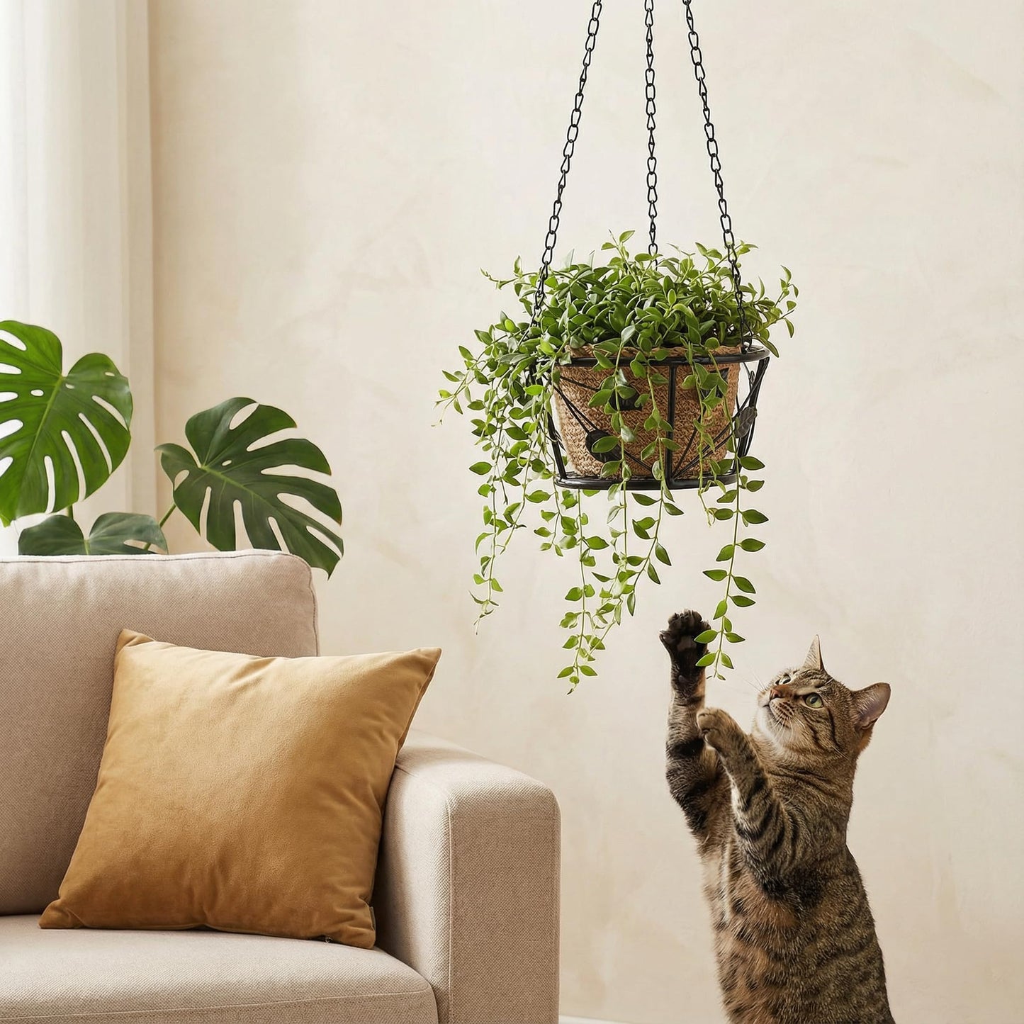 Goaste 2 Pack Metal Plant Hanger, Hanging Plant Holder with Ceiling Hook, Modern Plant Hanging Basket, Decorative Planter Flower Pots Shelf for Indoor Outdoor Use, Home Decor