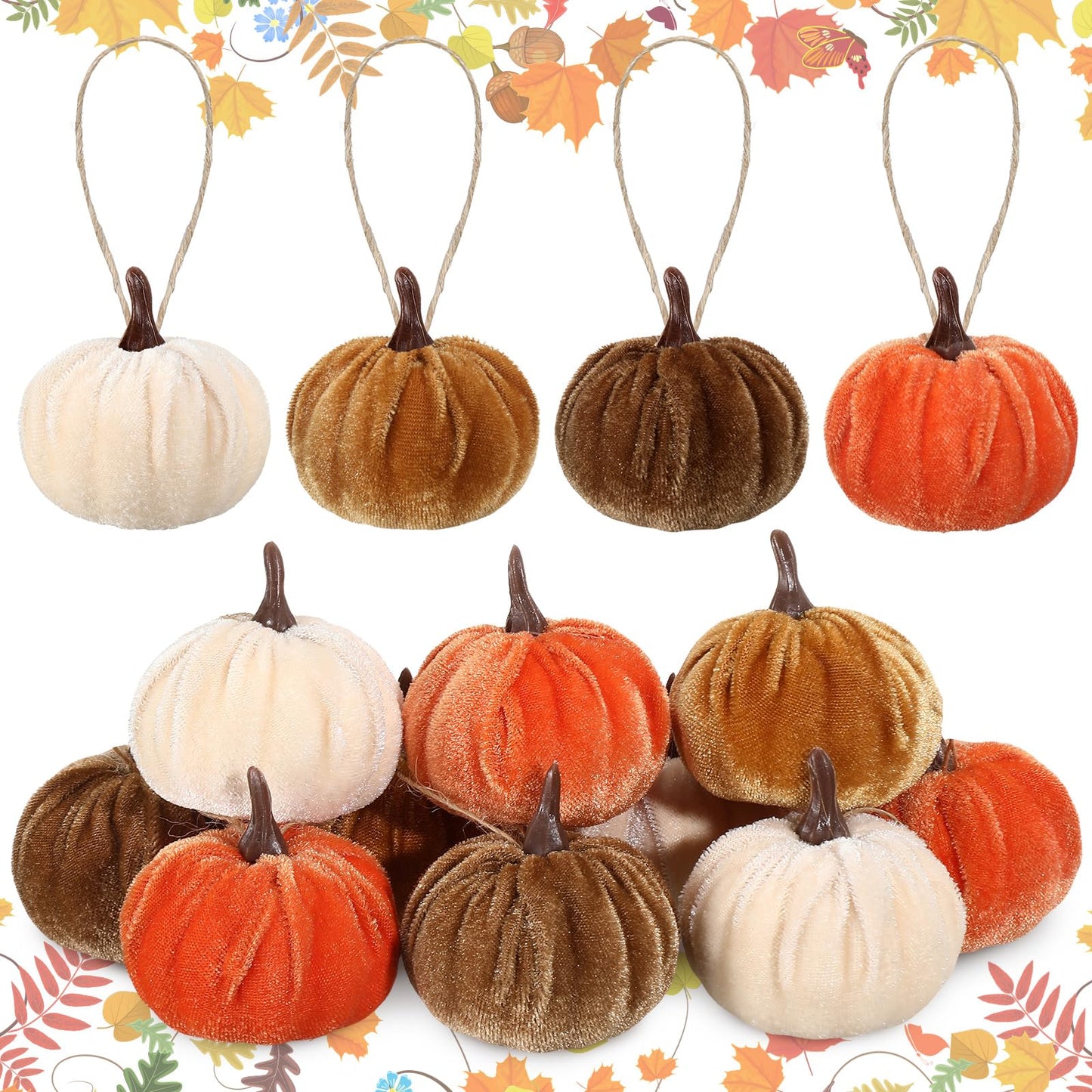 Vercraft 12 Pcs Thanksgiving Pumpkin Hanging Ornament 2 Inches Velvet Thanksgiving Fall Tree Decorations Fabric Small Tree Decorations for Farmhouse Harvest Autumn Home Party Decor(Neutral)