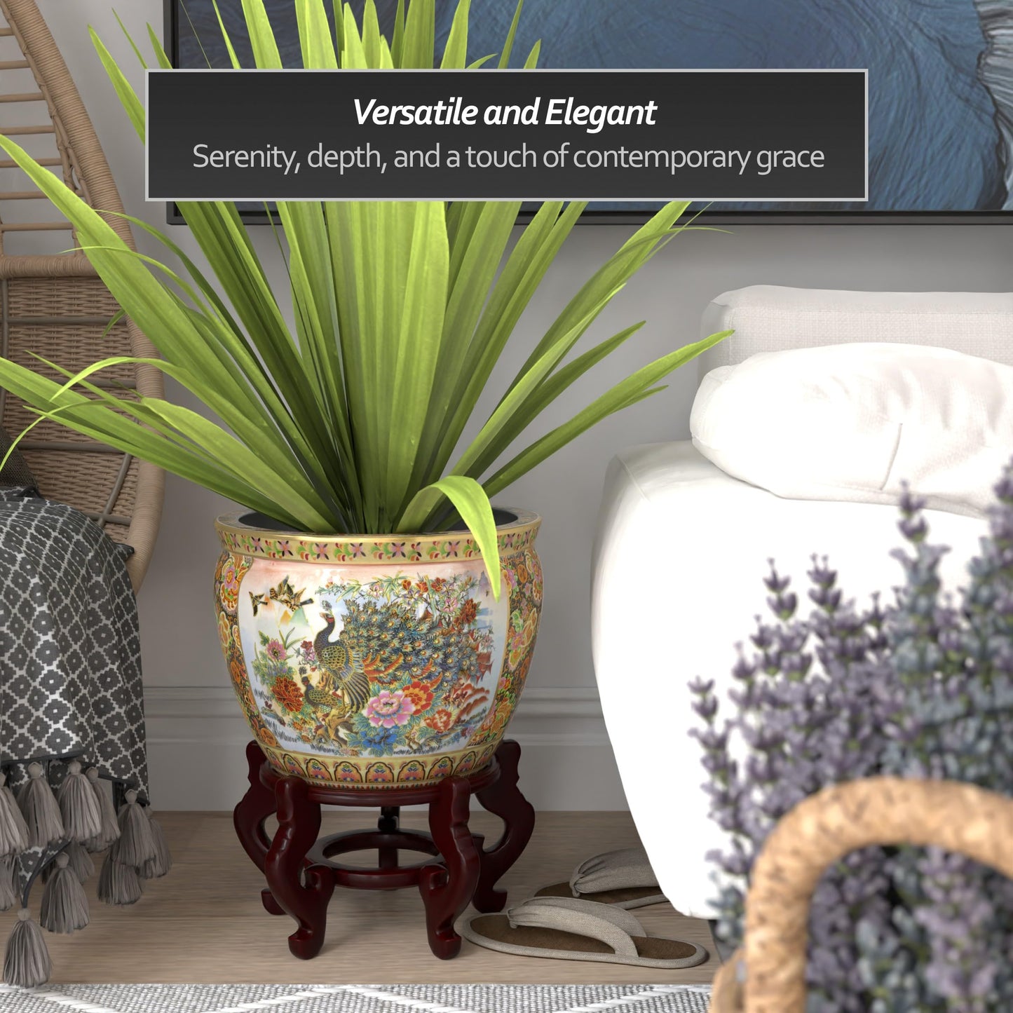 Red Lantern 14" Satsuma Garden & Peacock Porcelain Fishbowl Planter