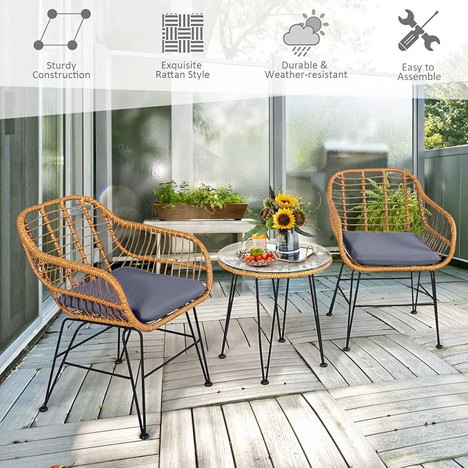Tangkula 3 Pieces Patio Bistro Set, Rattan Conversation Set
