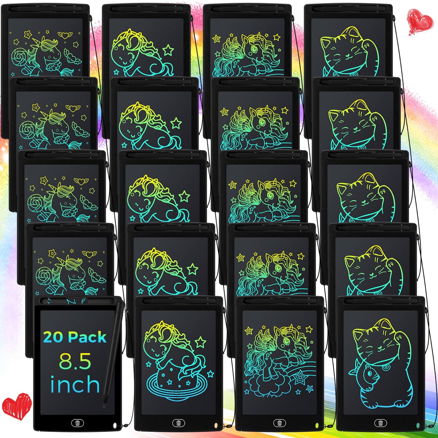 Zhehao 20 Pack LCD Writing Tablet for Kids: 8.5 Inch Colorful Drawing Doodle Boards - Reusable Erasable Doodle Board Educational Learning Toys Gifts for Toddlers Ages 3-8 Party Favors(Black,Cute)