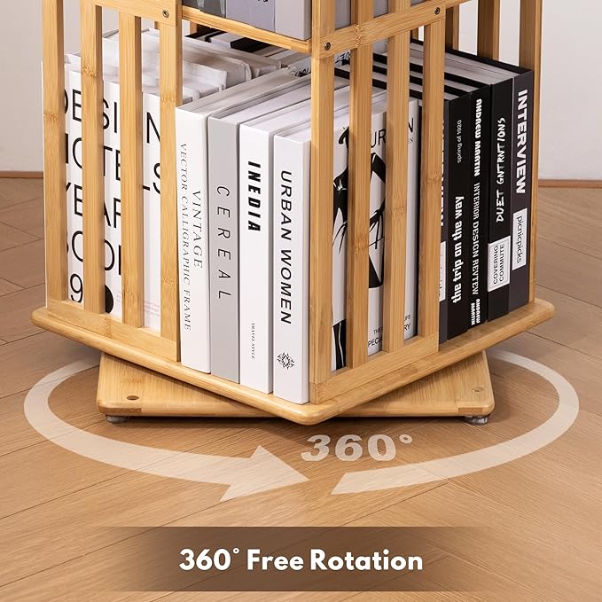 YOWOS Rotating Bookshelf Tower, 360° Display Spinning Bookcase, Bamboo
