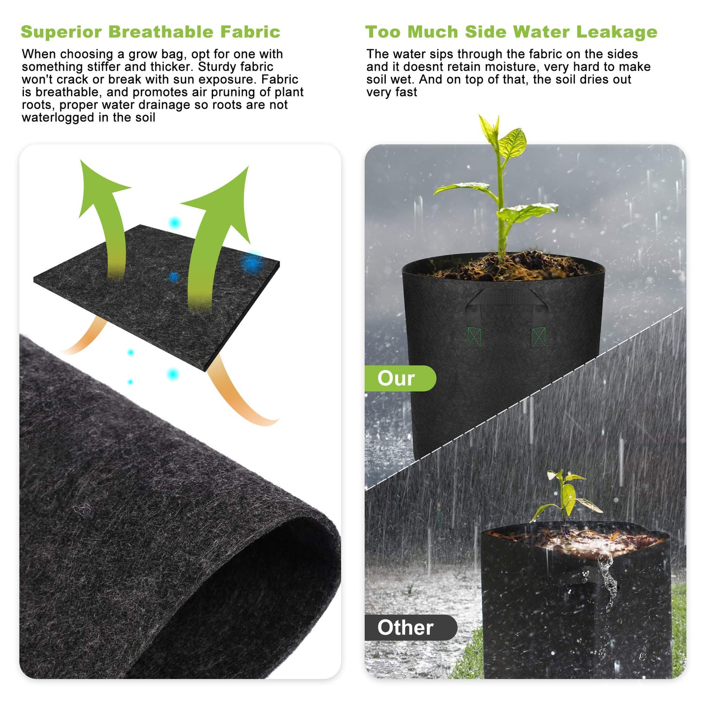 GreenTiger Tall Grow Bags, 8-Pack 7 Gallon Grow Pots with Handles, Improved 300G Thickened Aeration Fabric Deep Plant Growing Bags, Designed for Indoor/Outdoor Vegetables and Flowers, Classic Black