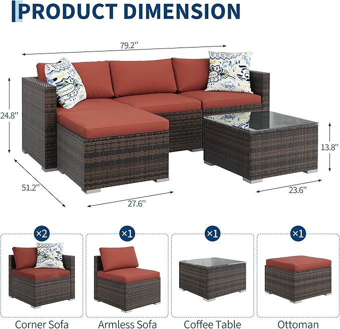 5-Piece Outdoor Sectional Sofa Set, All-Weather PE Rattan Patio Furniture