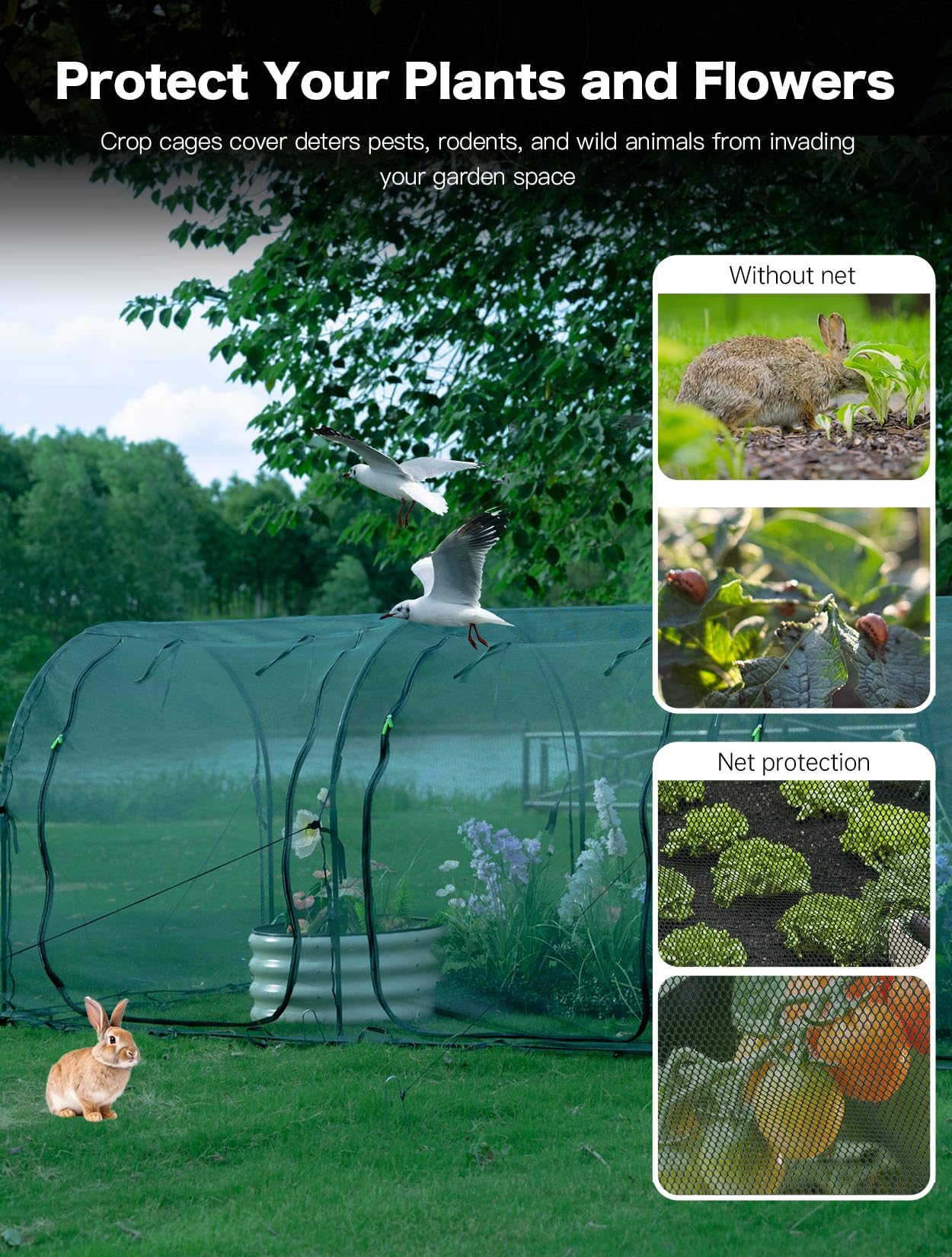 Poray Large 12.3X4FT Tunnel Plant Netting Cover,4.1FT Tall Crop Cage Tomato Netting for Vegetables&Fruits,Durable Gardening Net for Plant and Animals