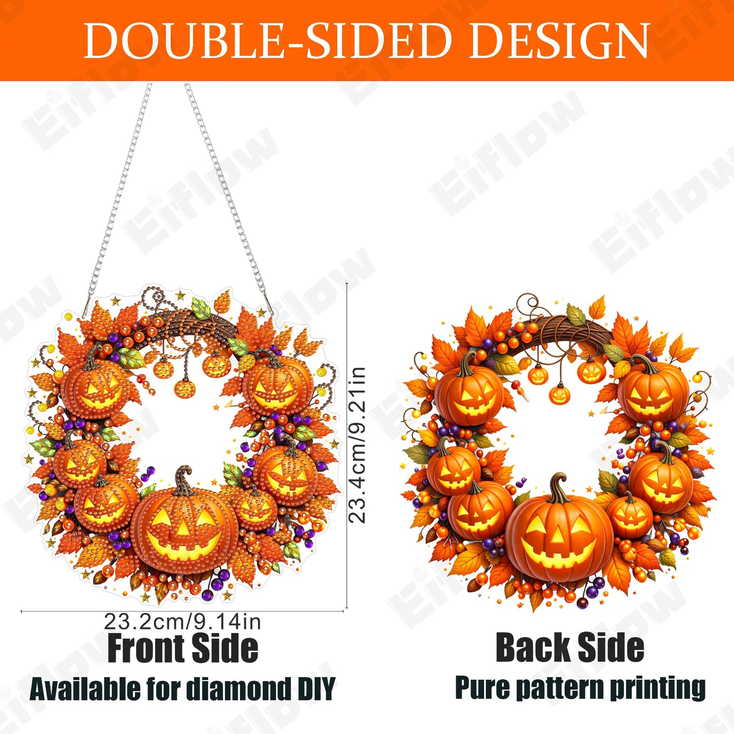 Eiflow Acrylic Diamond Art Hanging Kit for Adults Halloween, DIY Diamonds Painting Door Hanger Board Kit, Special Crystal Diamond Art Painting Pendant Ornament (Pumpkin Wreath)