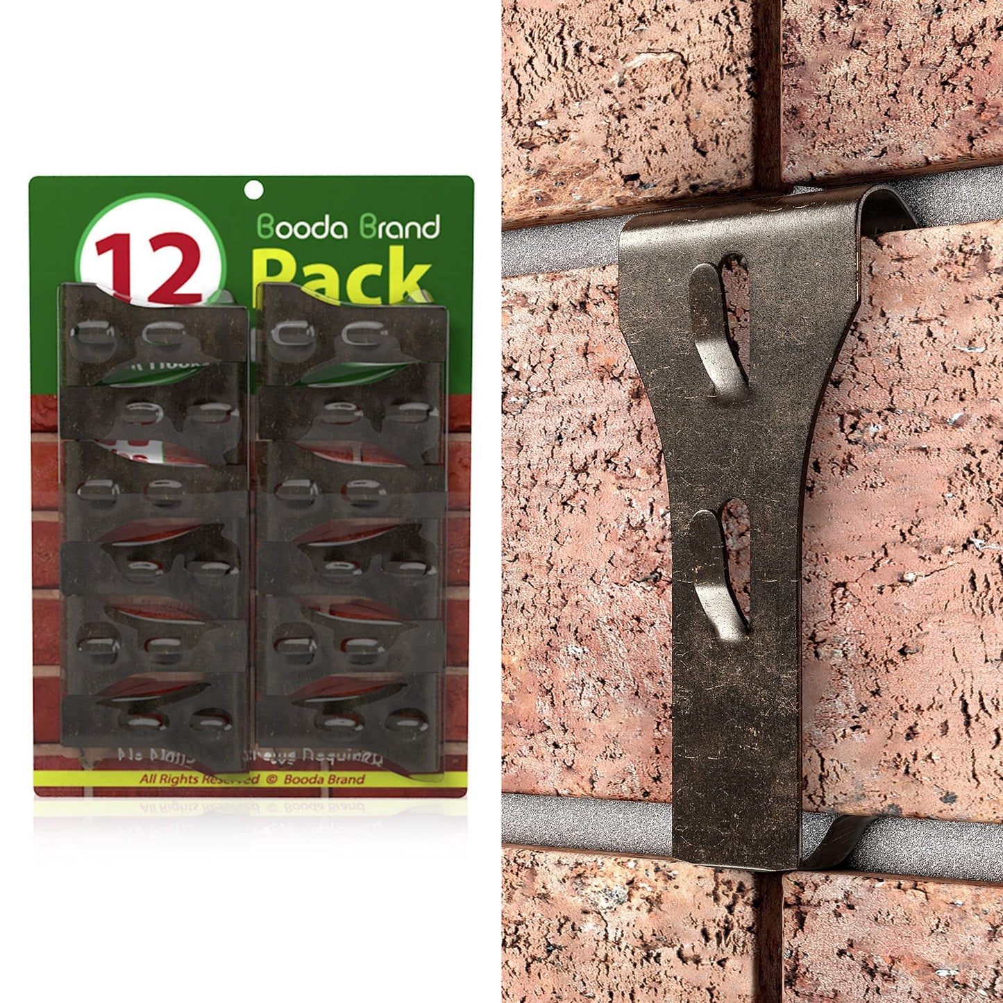 Booda Brand Brick Hook Clips (12 PCS) for Hanging Outdoors, Brick Hangers Fit Standard Size Brick 2-1/4" to 2-3/8" in Height, Heavy-Duty Brick Siding Clips Wall Hangers for Hanging No Drill and Nails