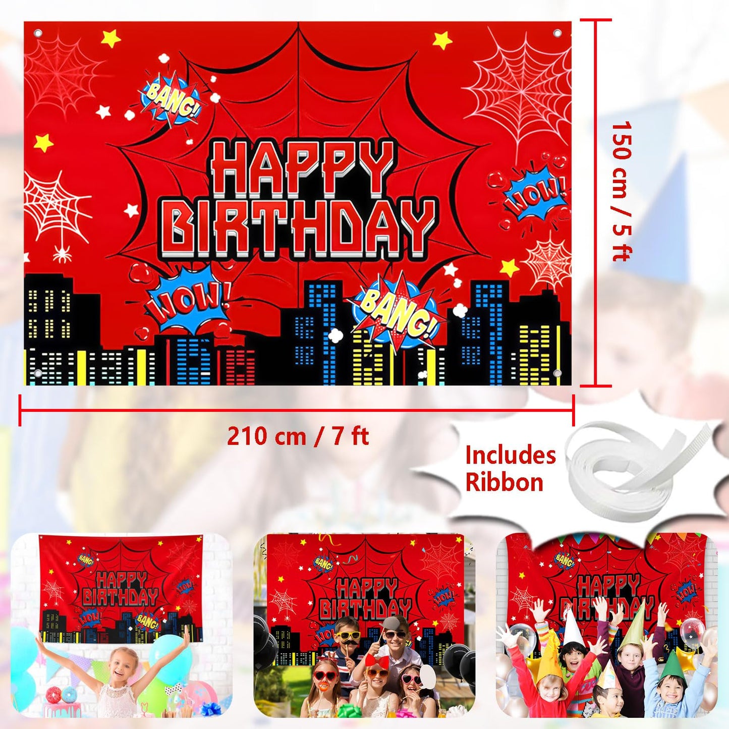 Favuit Red Spider Web Backdrop for Birthday Party Decoration, 7 x 5ft Photo Background Banner Red and Blue Cartoon Theme Party Supplies for Boys Baby Shower Wall Decor Photo Booth Props (7 x 5ft)