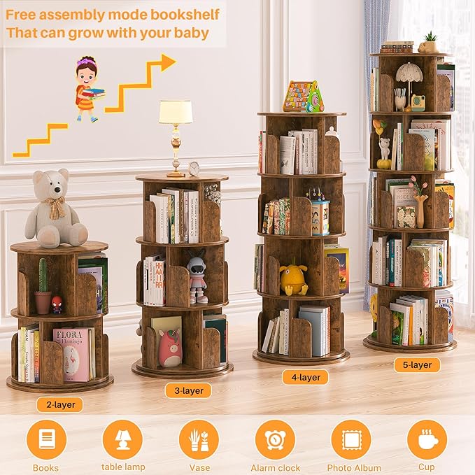 Aheaplus Rotating Bookshelf, 360 Display Wood Spinning Bookshelf Tower
