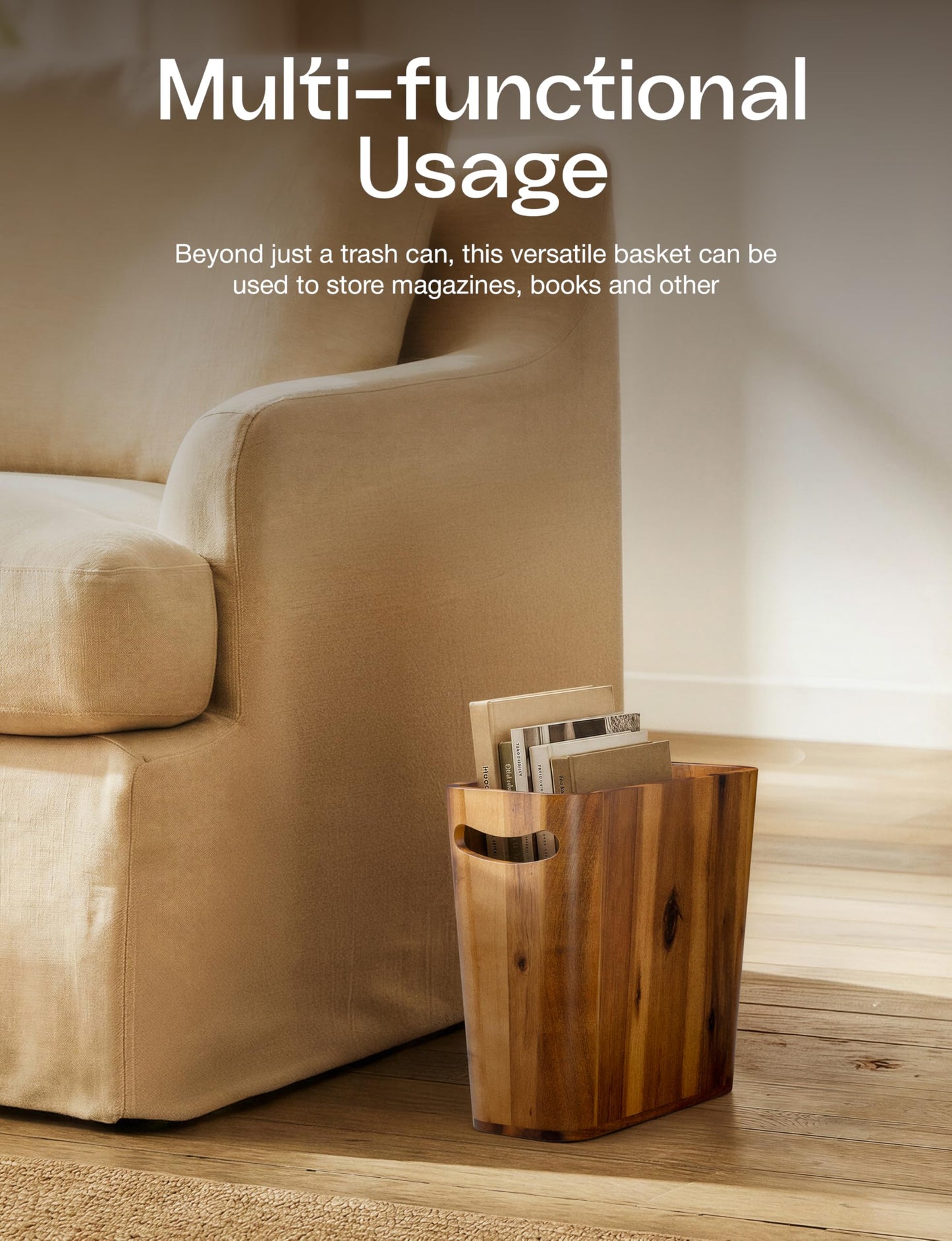 Tidita 3 Gallons Acacia Wood Waste Basket for Bedroom - Small Wooden Trash Can for Bathroom, Rustic Bathroom Decor - Waste Paper Basket with Handle, Wood Trash Can, Office Trash Cans for Near Desk