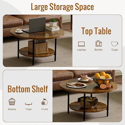 FAMIDGE Round Coffee Table, 27.6" Circle Coffee Table for Living Room, 2-Tier Wood Accent Center Table with Open Storage Industrial Design Home Furniture, Rustic Brown