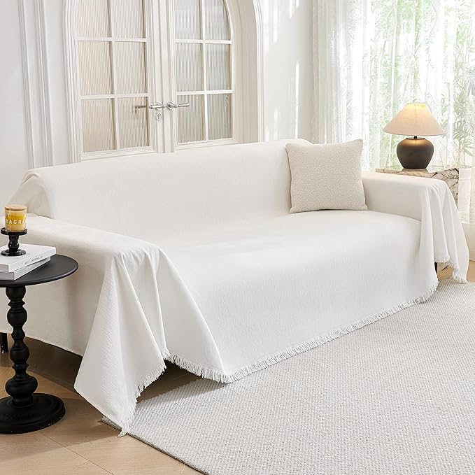 MYSKY HOME Couch Covers for Pets Thick Chenille White Cream Sofa Slipcover