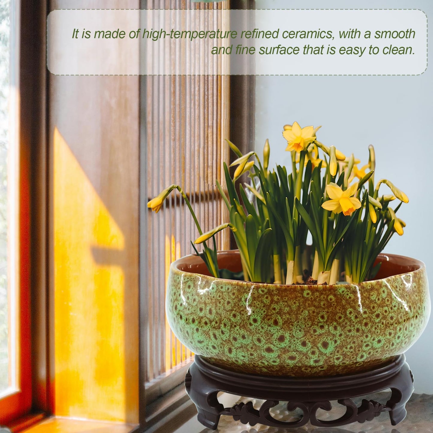 YOSMAKIY Lotus Bowl Planter，Decorative Ceramic Bowl Lotus for Water Plants with Black Stand, Green and Brown Glazed Finish