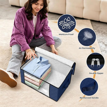 Fab totes 35L Closet Organizers and Storage, Foldable Under Bed Storage Containers, Storage bags for Organizing Bedroom, Closet, Clothing,Organization with Handle (4 Pack,Blue)