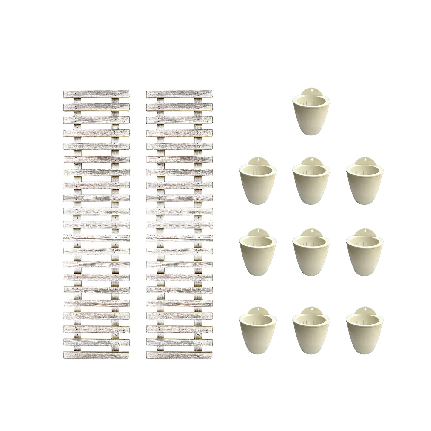 ShopLaLa Bundle - 4" White Self Watering Plastic Pots x 10 Pack + White Wooden Hanging Planter, Rustic Vertical Herb Garden Plant Holder Wall Mounted Modern Hydroponic Herb Pot LaLaGreen