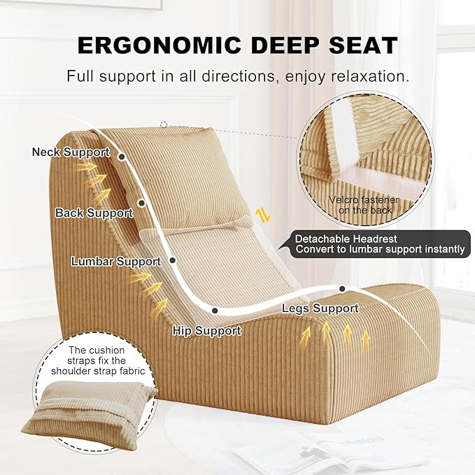 Giant Bean Bag Chair for Adults, Corduroy Chaise Lounge