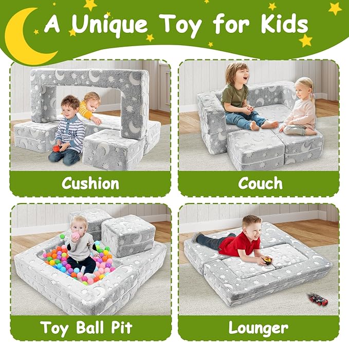Kids Couch, Dark Grey | Glow-in-The-Dark, Chair Seat, Playroom Furniture