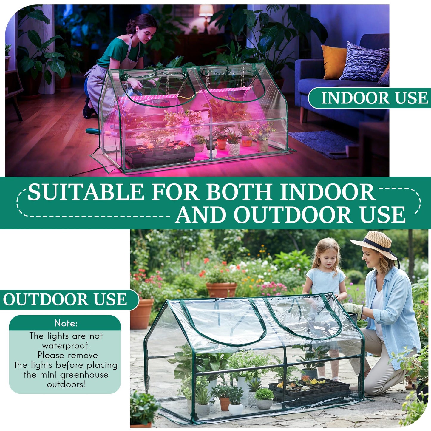 Meonum Mini Greenhouse with Grow Light, 47.2" L x 23.6" L x 23.6" W Portable Greenhouses Waterproof UV-Resistant for Indoor/Outdoor Seed Starting (House Shape)