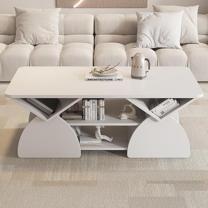 Modern White Coffee Table 47 in, Rectangular Living Room Table