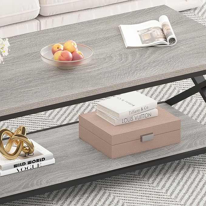 HSH Coffee Table with Storage, Farmhouse Grey Living Room Center Table