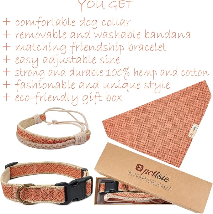 Pettsie Hemp Dog Bandana Collar & Matching Owner Friendship Bracelet | Adjustable, Durable Hemp & Soft Cotton, Matching Friendship Bracelet, Designed for Dog Lovers