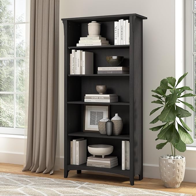 Bush Home Salinas 5 Shelf Bookcase in Vintage Black, Tall Bookshelf, Large Book