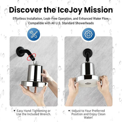 IceJoy Shower Head with Filters - Scientifically Evaluated, High-Efficiency Filtered Shower Head for Enhanced Hair & Skin Health, Minimize Hair Loss, Preserve Color-Treated Hair (Brushed Steel)