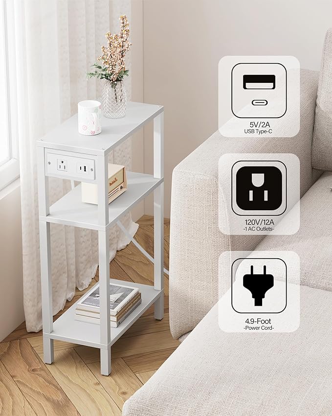 TUTOTAK Narrow Side Table with Charging Station, Small End Table with USB Ports