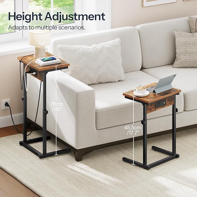 HOOBRO C-Shaped End Table with Charging Station, Adjustable Height Sofa Tray