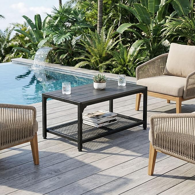 ODK Outdoor Coffee Table with Double-Layer Storage, Rectangle Weather-Resistant