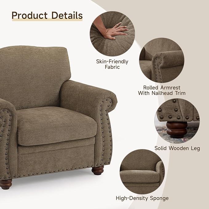 ONBRILL Nailhead Trim Armchair, Rolled Arm Accent Chair