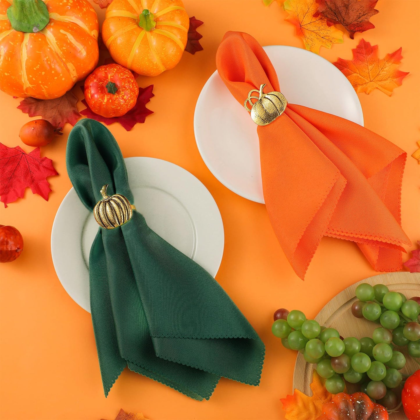 16 Pcs Fall Thanksgiving Napkin Ring Set 8 Pcs Napkin Rings and 8 Pcs Washable Thanksgiving Dinner Napkins for Fall Party Holiday Kitchen Table Decoration for Autumn Party Supplies (Pumpkin)