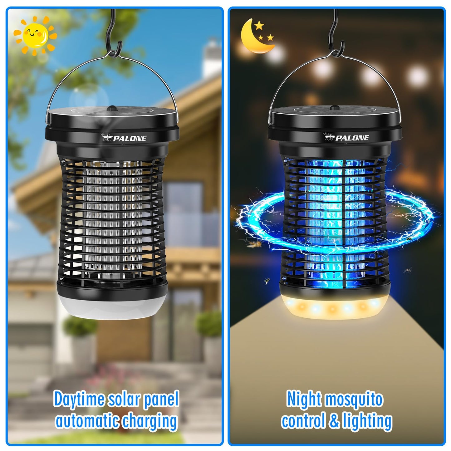 PALONE Solar Bug Zapper Outdoor, Detachable Solar Mosquito Zapper, Insect Zapper Indoor with LED Light, 4500V Fly Zapper 4 in 1 Electric Bug Zapper for Outdoor Camping Patio Garden Mosquito Killer