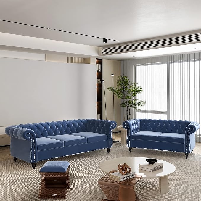 ORRD 2 Pieces Living Room Set, Velvet Couch Chesterfield Sofa Loveseat