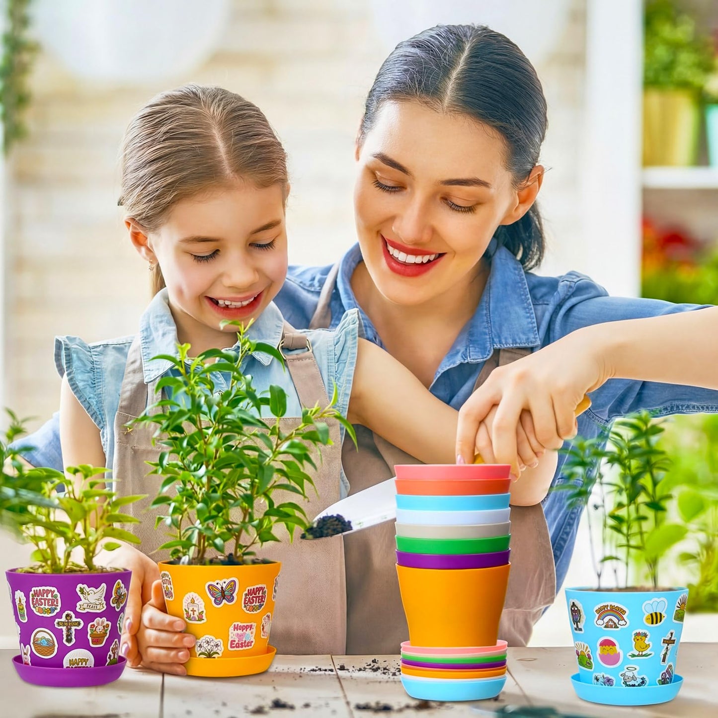 Domensi 30 Pack Garden Pot Craft Kit 4 Inch DIY Religious Crafts for Kids Bulk Small Plastic Spring Flower Plant Pot Plastic Planter with Tray Drainage Holes with Tag, Certificate of Award, Sticker