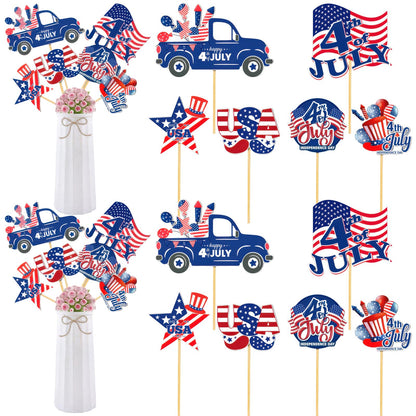 12 Pcs 4th of July Centerpiece Sticks Floral Picks Red White Blue American Flag Truck Stars Stripes Patriotic Cake Bouquet Tabletop Decoration for Independence Day Vase Filler Photo Prop Party