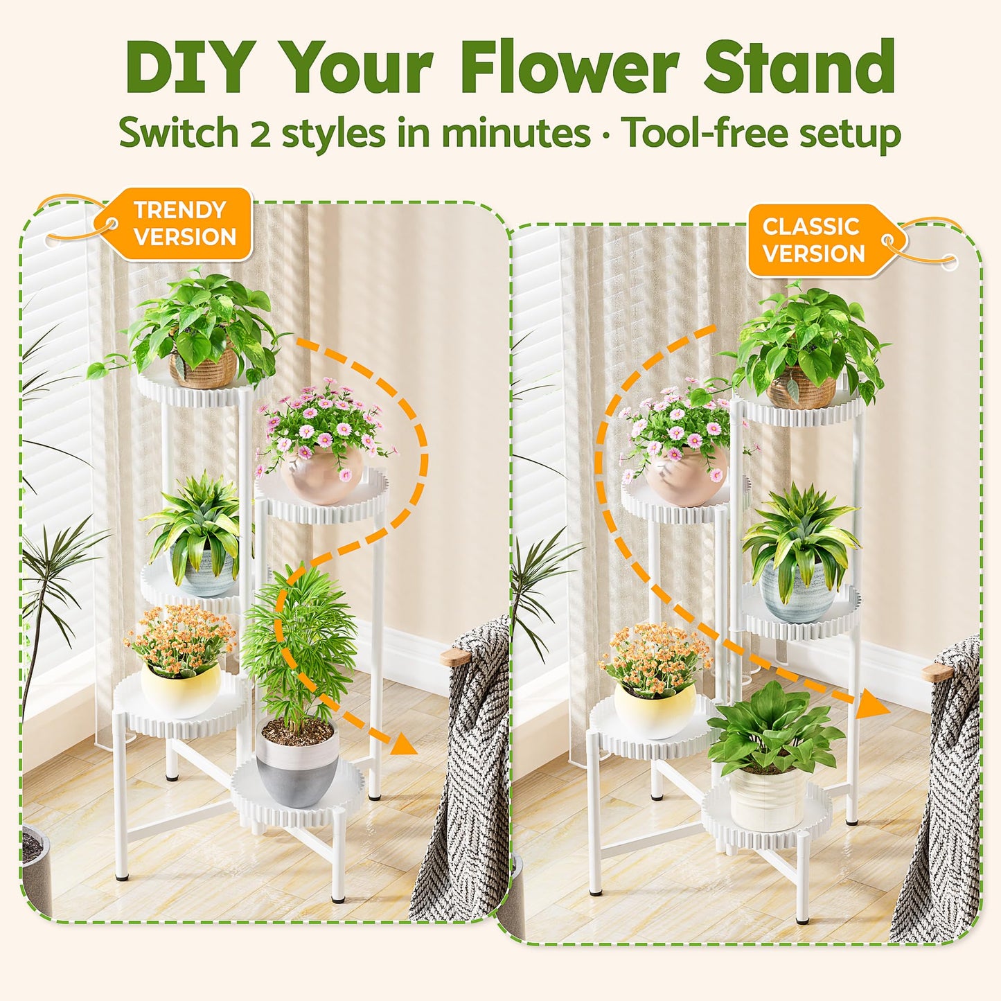 NQW 5 Tier Large Plant Stand Indoor with 7.9 Inch Wide Tray, Tiered Corner Metal Outdoor Flower Display Holder Shelf, Folding Tall Rack for Patio Porch Living Room Balcony - WhiteFloroma