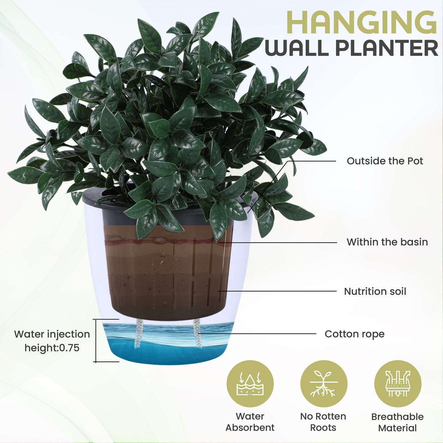 SOOSKSI Self Watering Wall Mounted Planters | Set of 3 White Indoor/Outdoor Hanging Planter with Double Layer Design & Flat Backed for Mounting | Effortless Plant Care & Stylish Wall Pots.