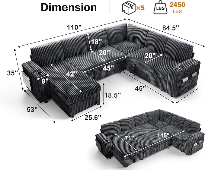 Vipbear 111" Modular Sectional Sleeper Sofa