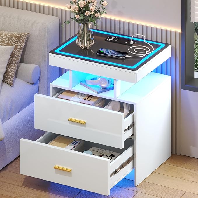 LED Nightstand with Wireless Charging Station, Glass Top Smart Bedside Table