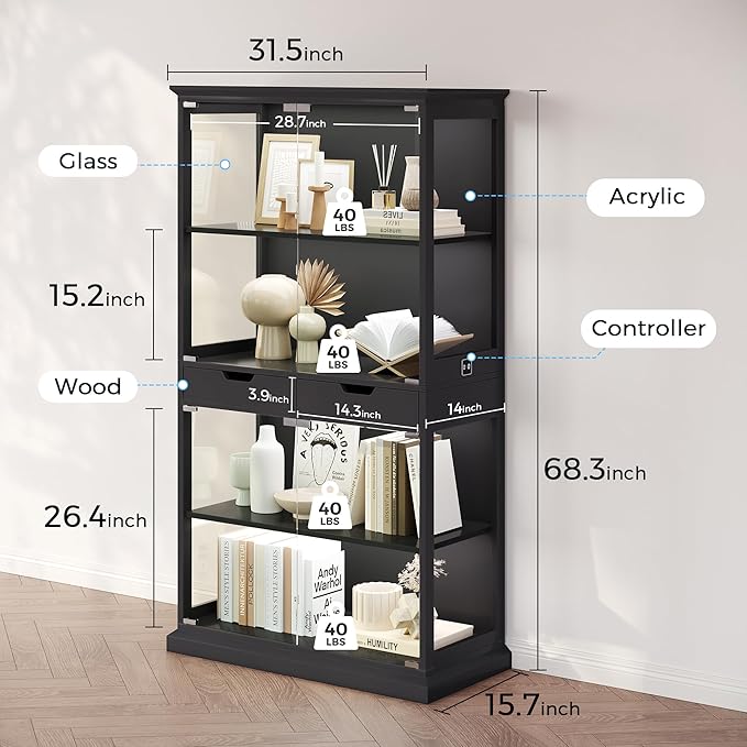 Jocoevol Display Cabinet with Glass Doors, 4-Tier Glass Display Case with Human