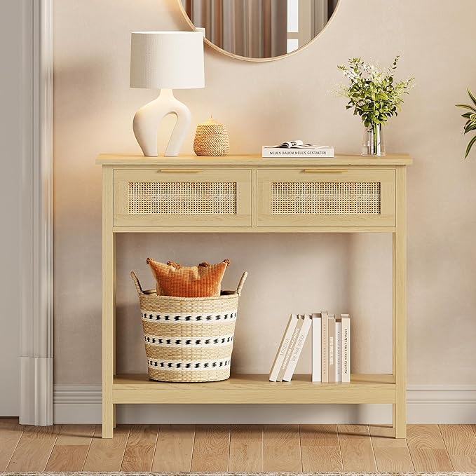 Trironsun Farmhouse Rattan Console Table